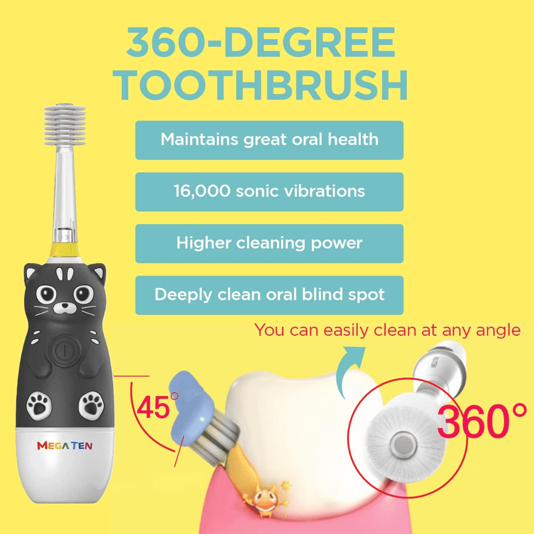 MEGA TEN 360-Degree Kids Electric Toothbrush with LED Light 4Yrs+ Black Cat-2006733475843018755