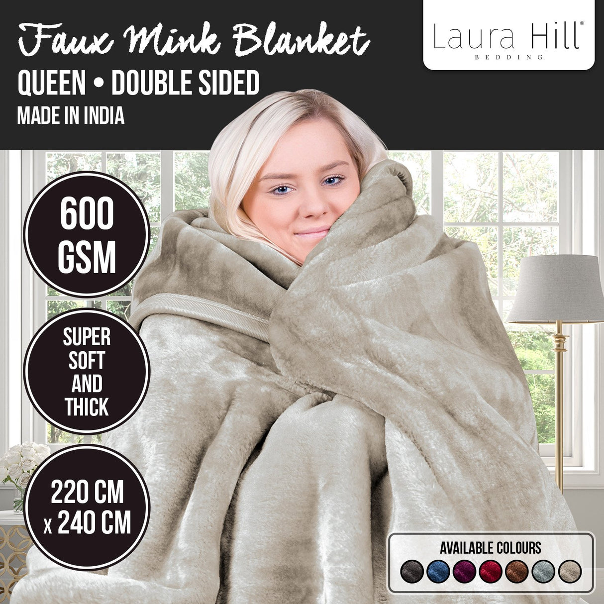 Laura Hill 600-GSM Mink Blanket Queen Size Double-Sided Soft Plush Bed Faux Throw Rug 220 X 240