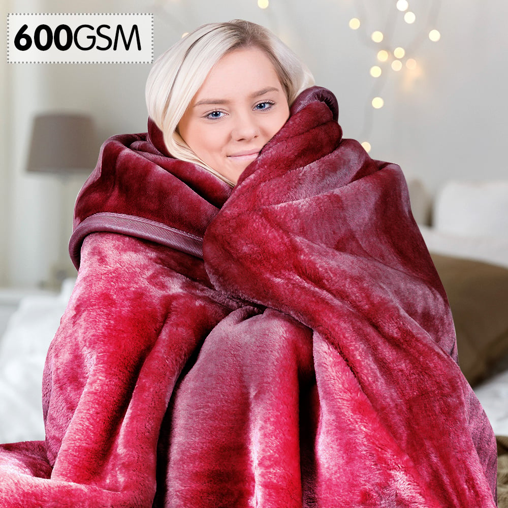 Laura Hill 600GSM Faux Mink Blanket Double-Sided Throw Queen Size - Wine Red