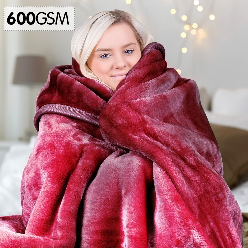 Laura Hill 600GSM Faux Mink Blanket Double-Sided Throw Queen Size - Wine Red