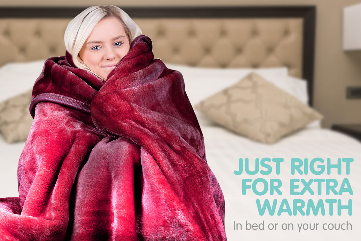 Laura Hill 600GSM Faux Mink Blanket Double-Sided Throw Queen Size - Wine Red