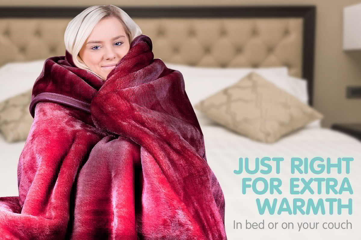 Laura Hill 600GSM Faux Mink Blanket Double-Sided Throw Queen Size - Wine Red