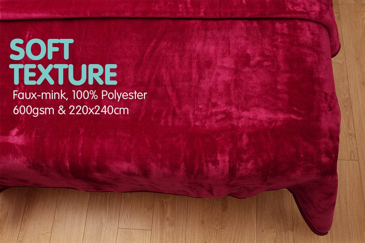 Laura Hill 600GSM Faux Mink Blanket Double-Sided Throw Queen Size - Wine Red