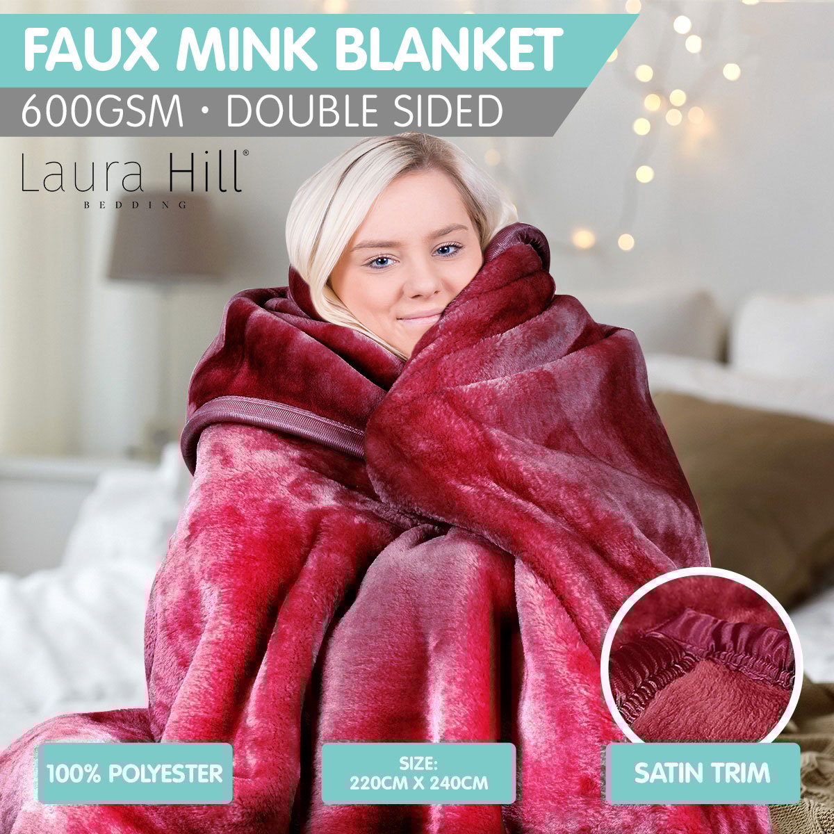 Laura Hill 600GSM Faux Mink Blanket Double-Sided Throw Queen Size - Wine Red