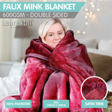 Laura Hill 600GSM Faux Mink Blanket Double-Sided Throw Queen Size - Wine Red - Top-Down View