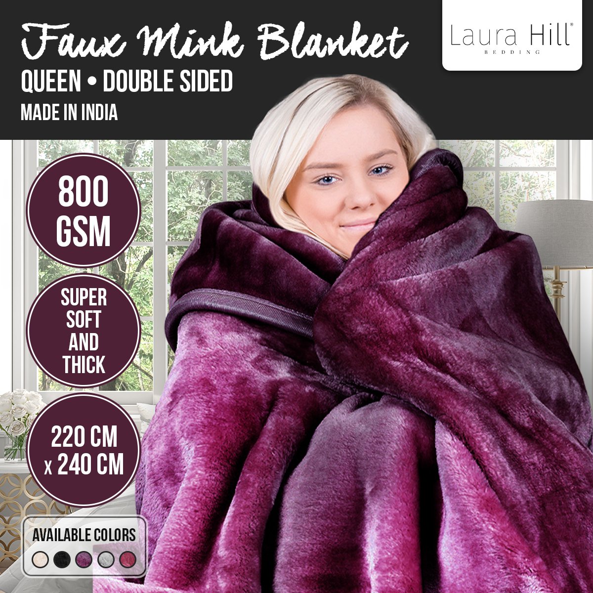 Laura Hill Faux Mink Blanket 800GSM Heavy Double-Sided - Purple