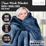 Laura Hill Faux Mink Blanket 800GSM Heavy Double-Sided - Navy Blue - Side View
