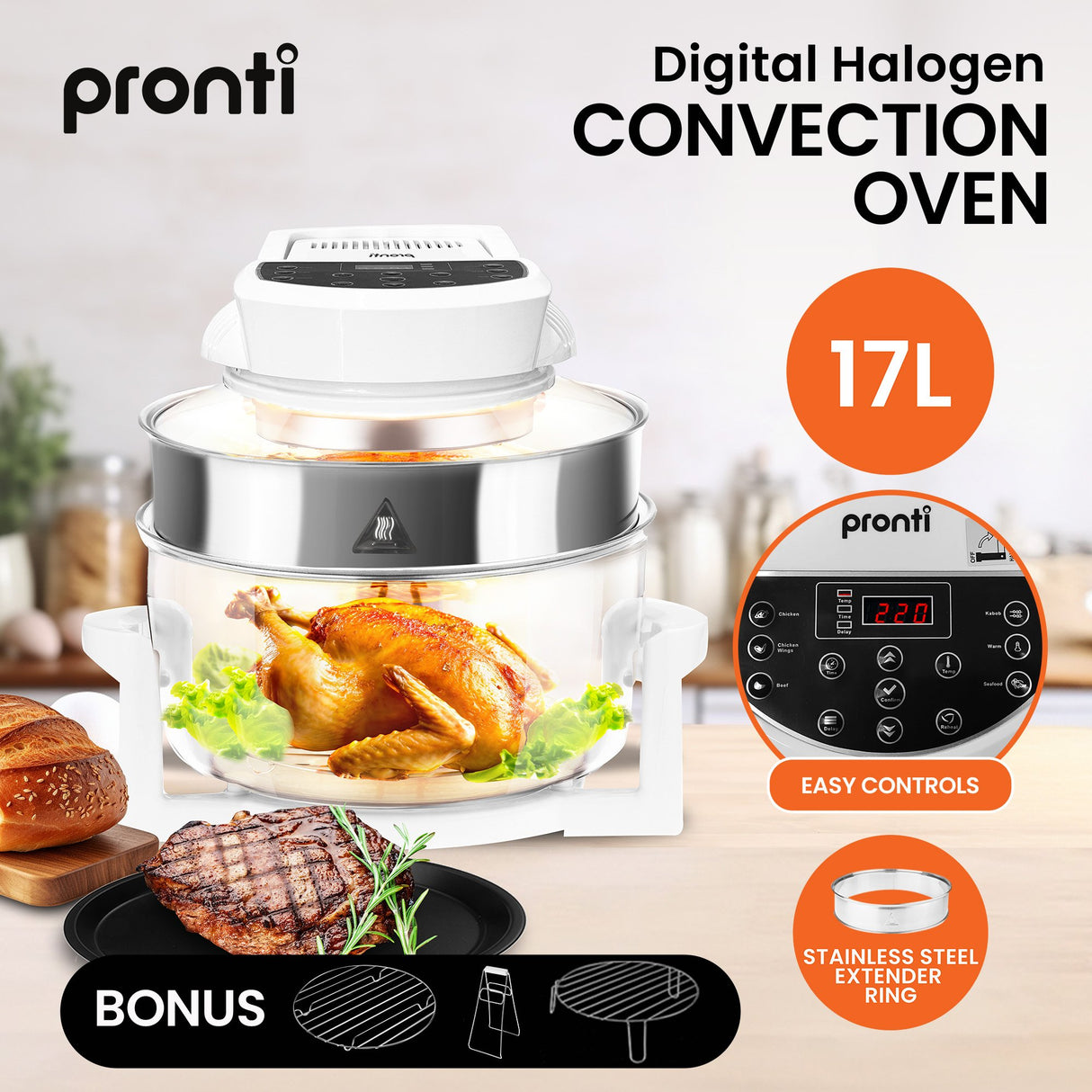 Pronti 17L Digital Family Turbo Convection Oven Broiler Cooker - White