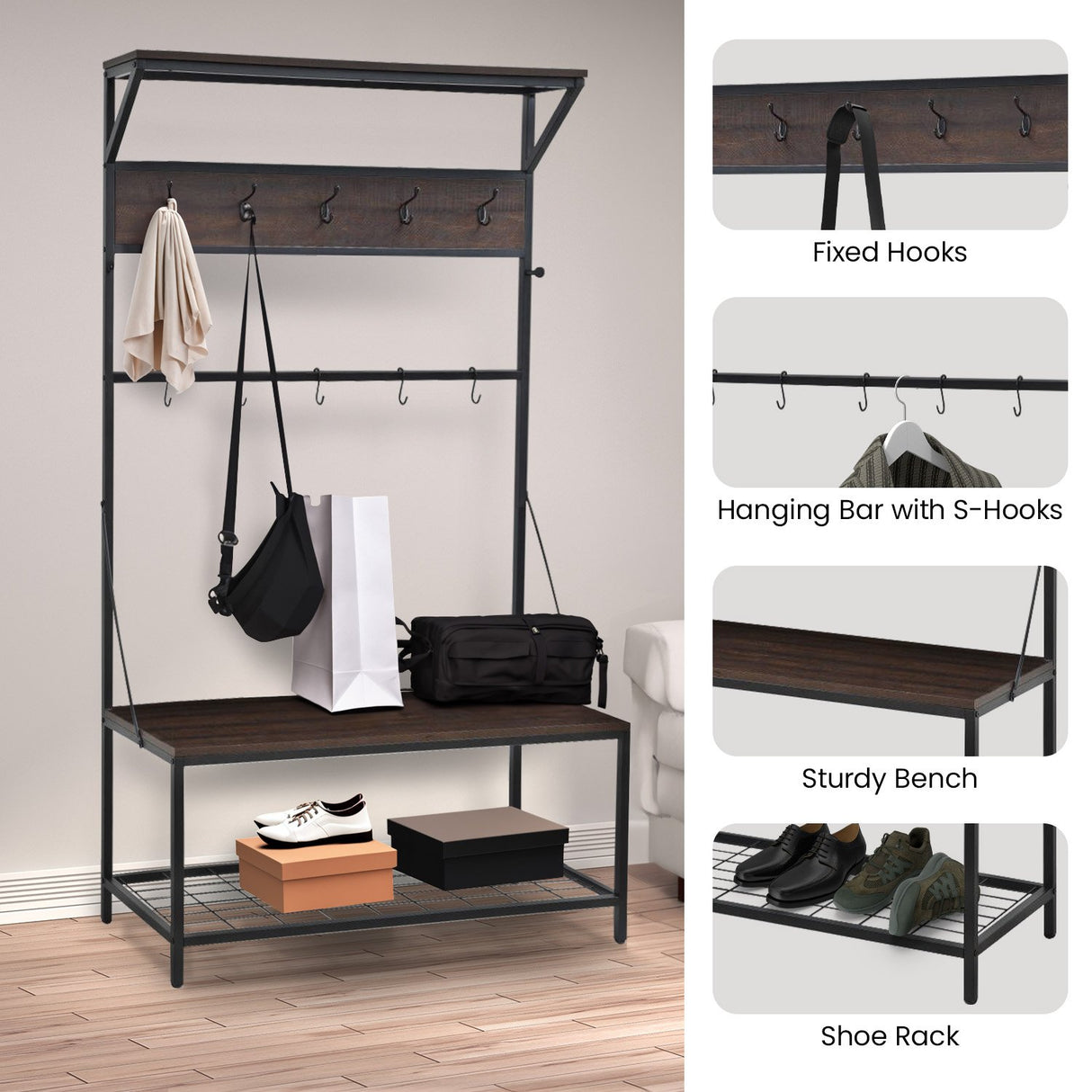 Sarantino 4-in-1 Hall Tree Entryway Coat Rack Hall Stand