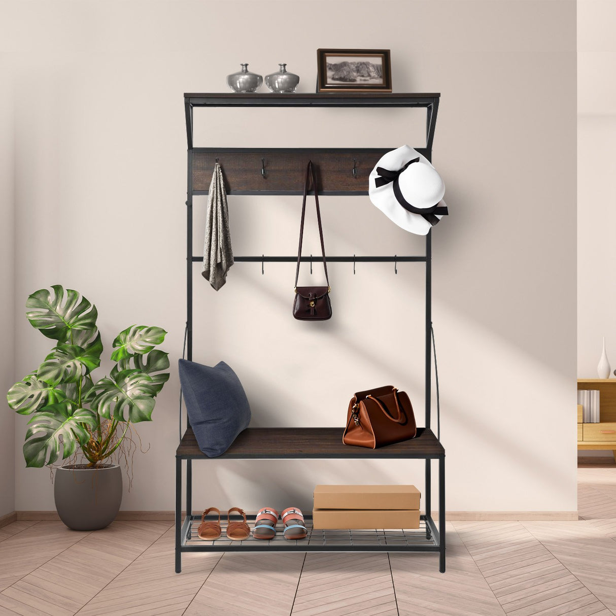 Sarantino 4-in-1 Hall Tree Entryway Coat Rack Hall Stand