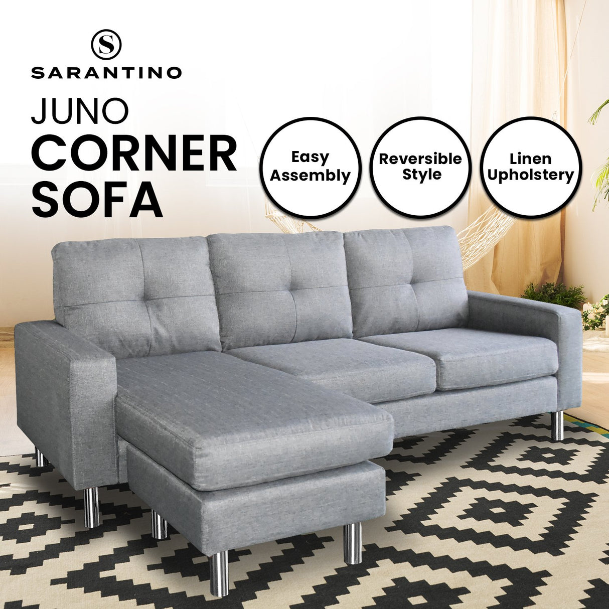 Sarantino Linen Corner Sofa Couch Lounge Chaise with Metal Legs - Grey