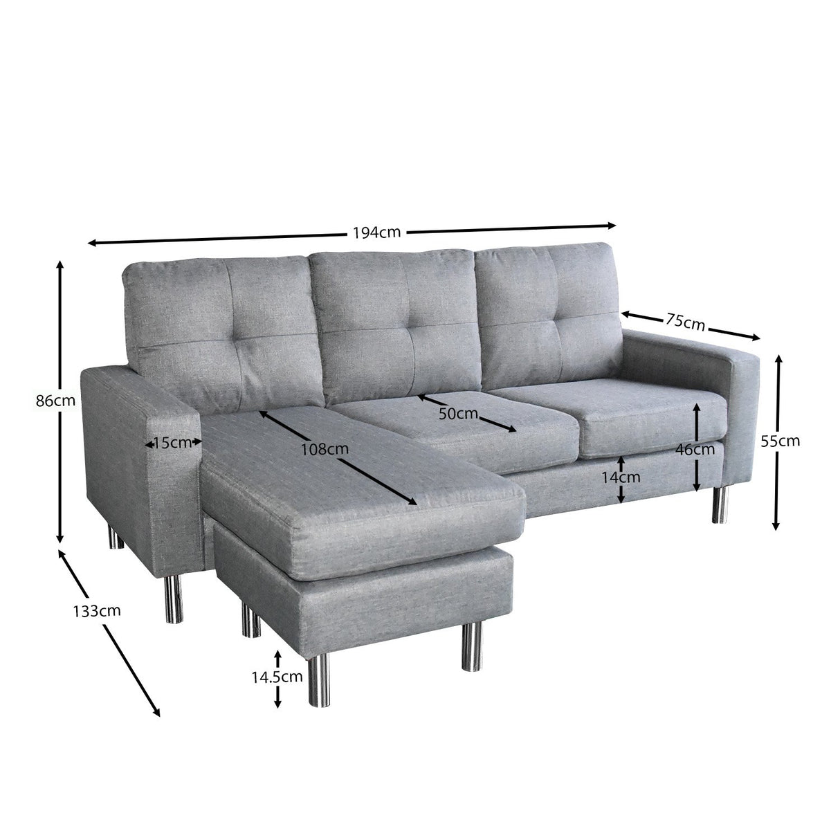 Sarantino Linen Corner Sofa Couch Lounge Chaise with Metal Legs - Grey