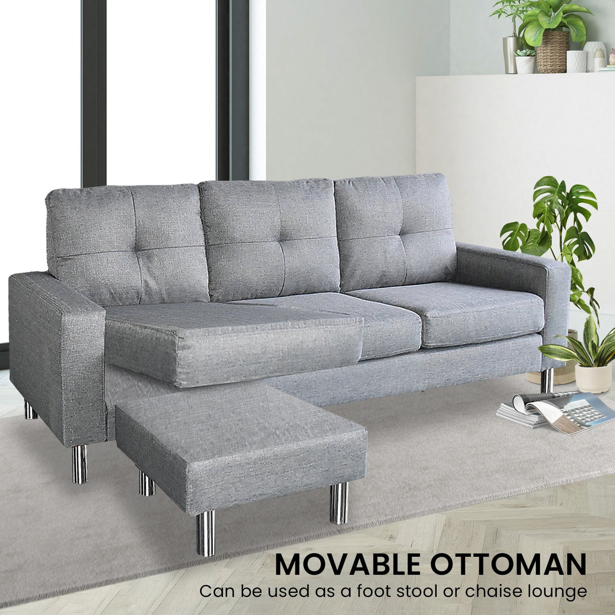 Sarantino Linen Corner Sofa Couch Lounge Chaise with Metal Legs - Grey