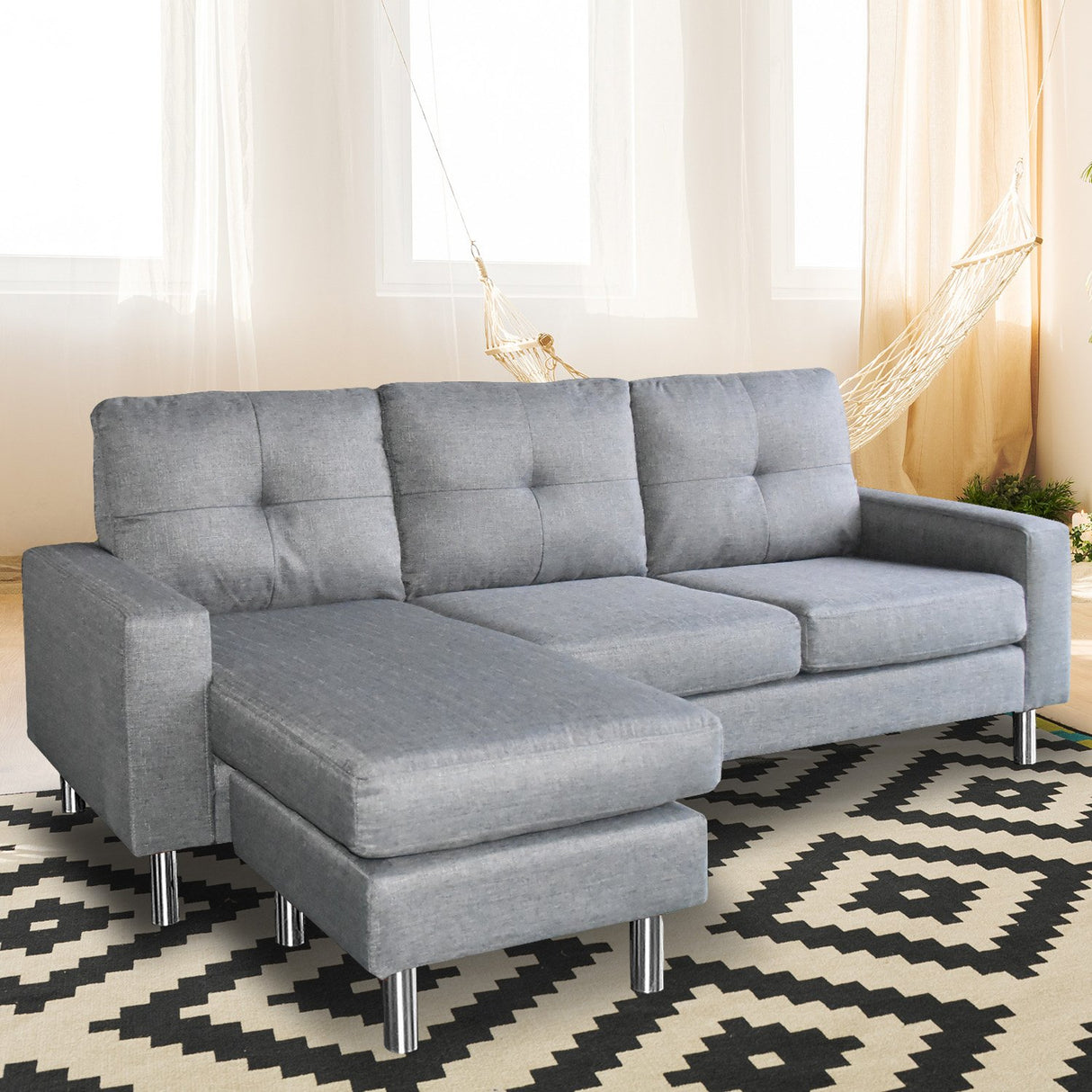 Sarantino Linen Corner Sofa Couch Lounge Chaise with Metal Legs - Grey
