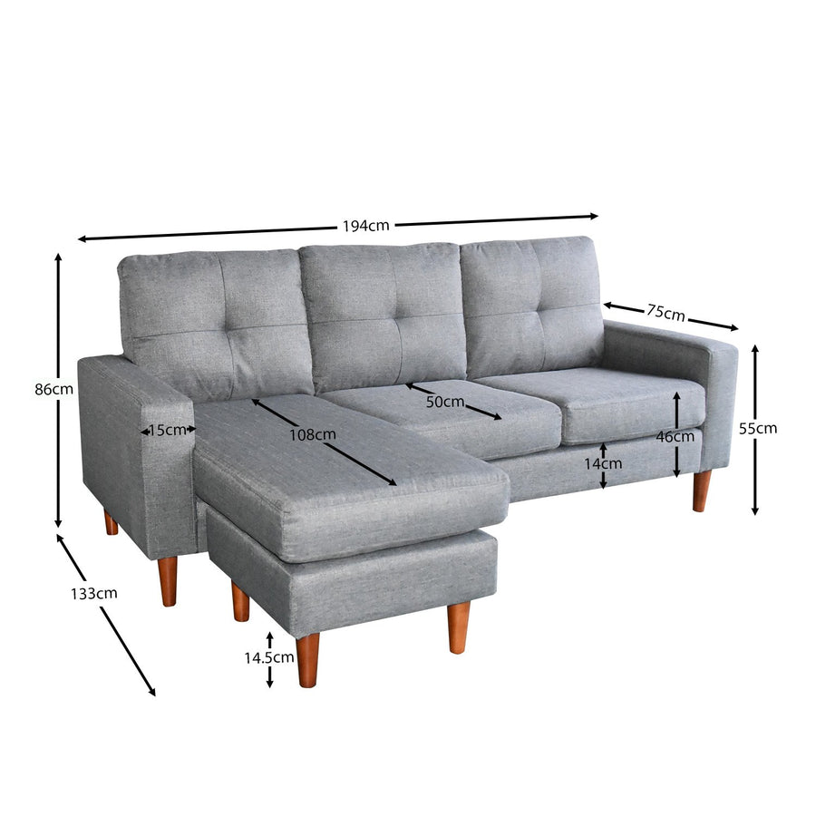 Sarantino Linen Corner Sofa Couch Lounge Adjustable Chaise - Grey