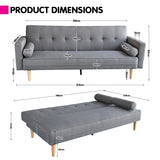 Sarantino 3 Seater Linen Sofa Bed Couch with Pillows - Light Grey - Extra Image