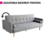 Sarantino 3 Seater Linen Sofa Bed Couch with Pillows - Light Grey - Side View