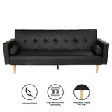Sarantino 3 Seater Faux Leather Sofa Bed Couch with Pillows - Black - Front View
