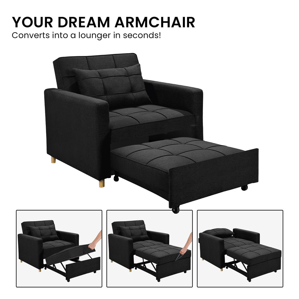 Suri 3-in-1 Convertible Lounge Chair Bed by Sarantino - Black