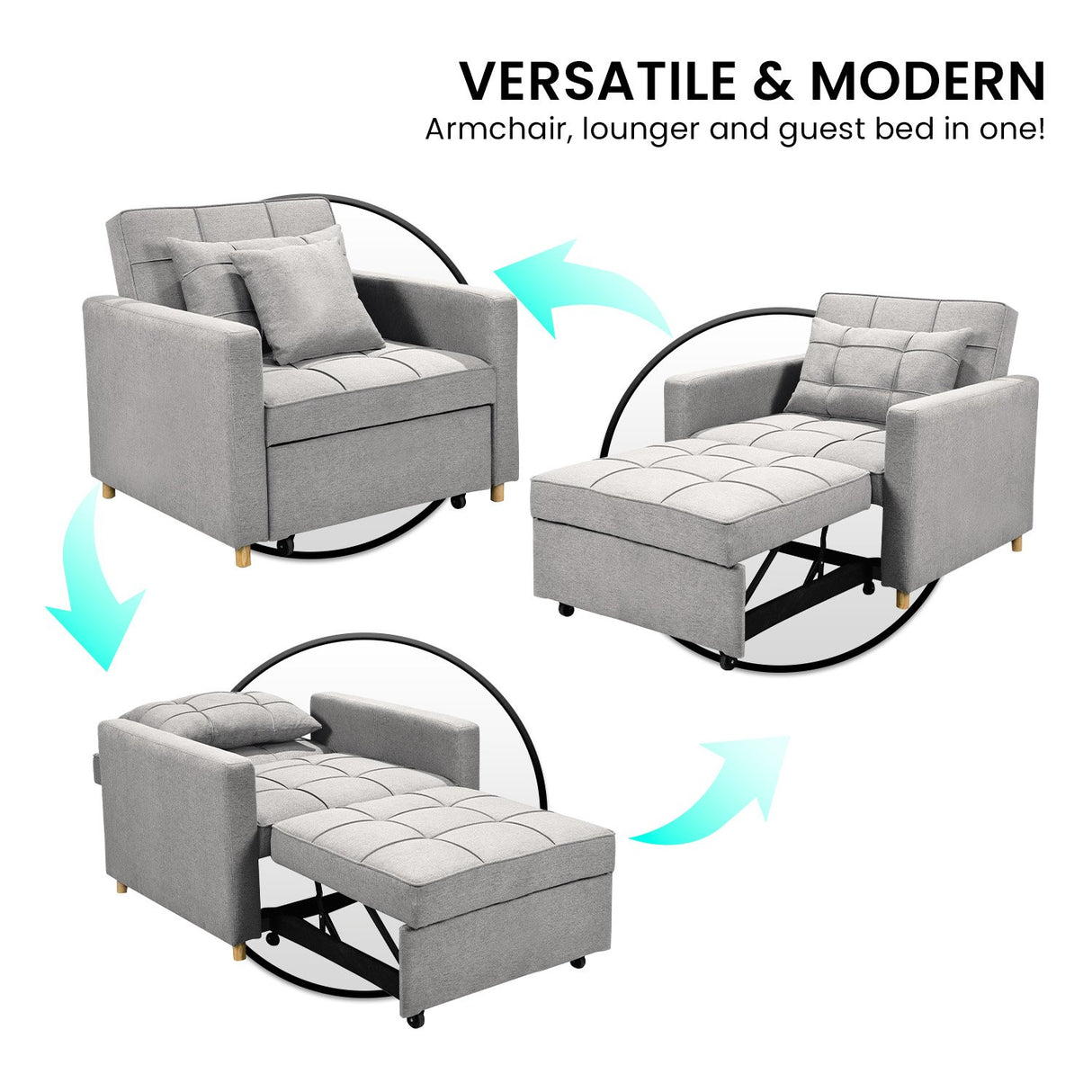 Suri 3-in-1 Convertible Sofa Chair Bed Lounger by Sarantino Light Grey