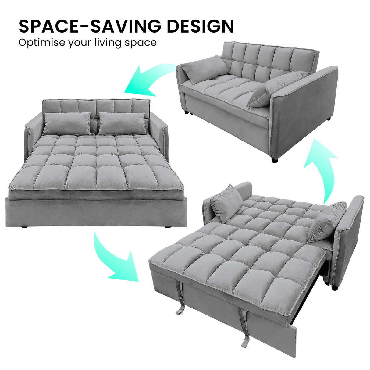 Sarantino Quincy 2-Seater Velvet Sofa Bed in Dark Grey with Wooden Frame & Tufted Design