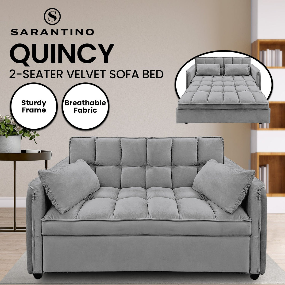 Sarantino Quincy 2-Seater Velvet Sofa Bed in Dark Grey with Wooden Frame & Tufted Design