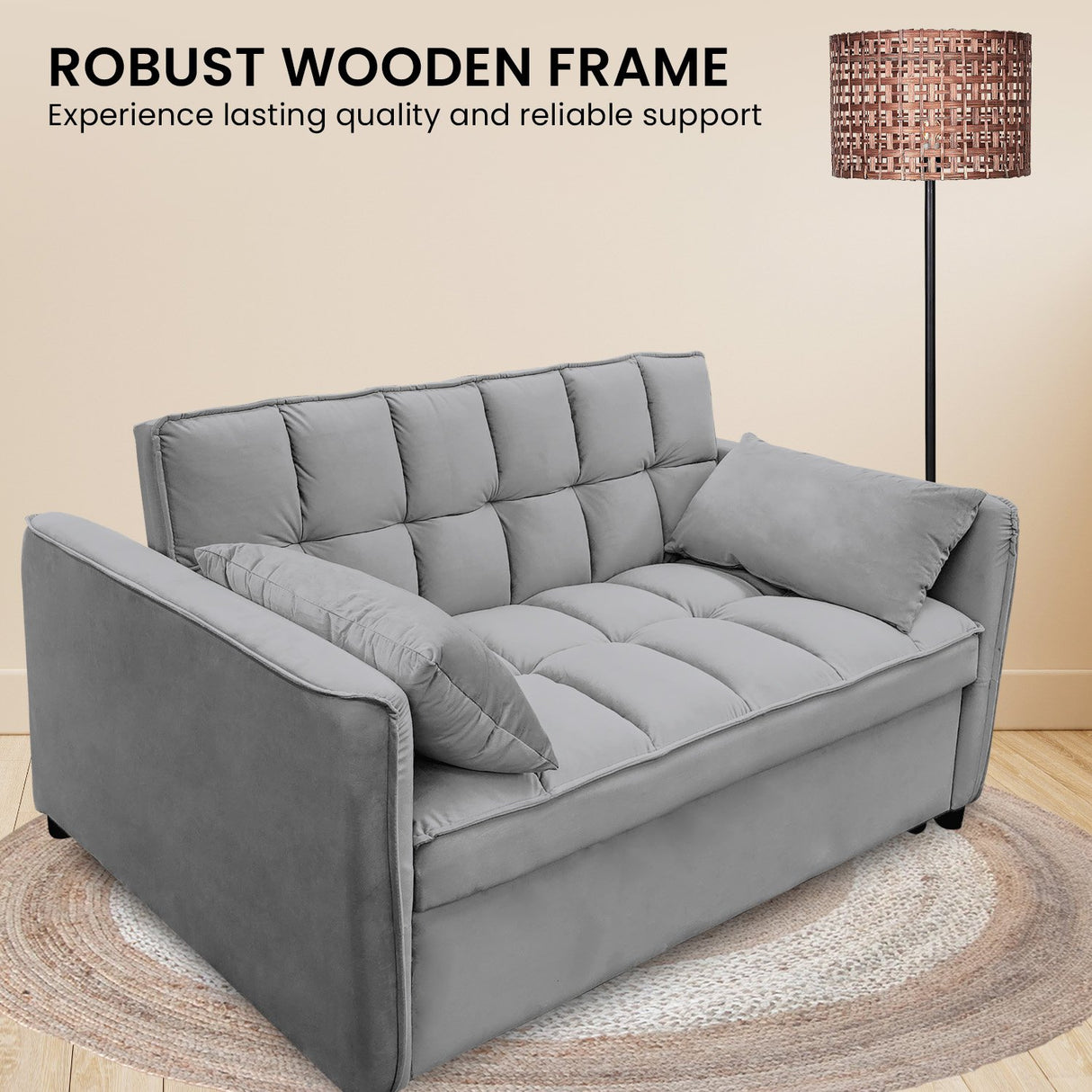 Sarantino Quincy 2-Seater Velvet Sofa Bed in Dark Grey with Wooden Frame & Tufted Design