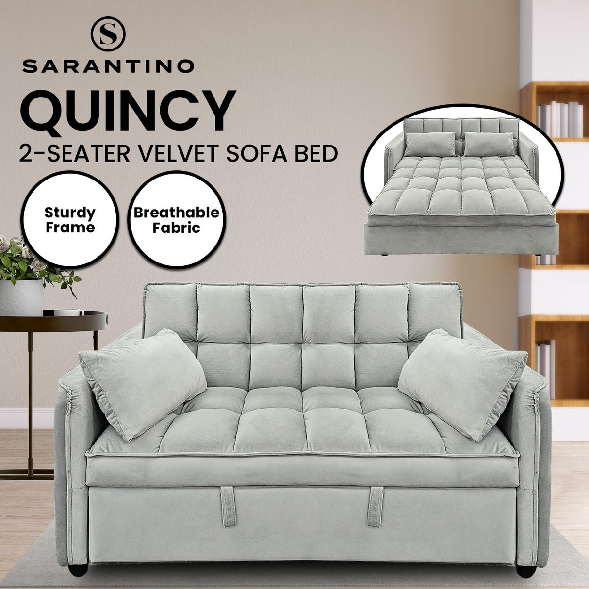 Sarantino Quincy 2-Seater Velvet Sofa Bed in Light Grey with Wooden Frame & Tufted Design