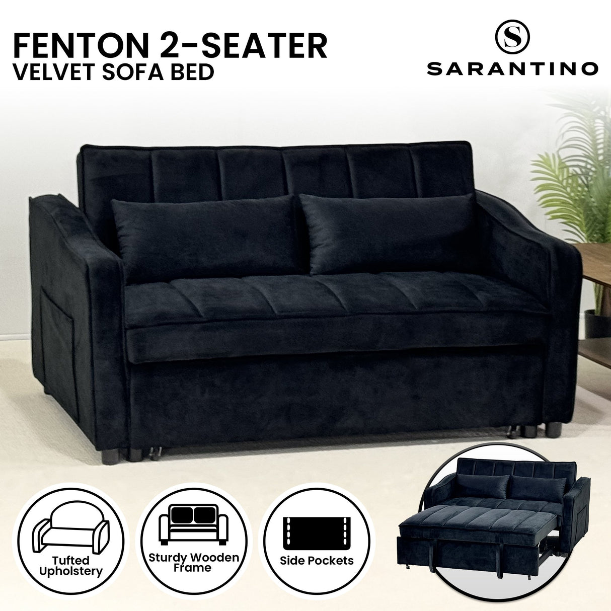 Sarantino Fenton Velvet 2-Seater Sofa Bed - Black