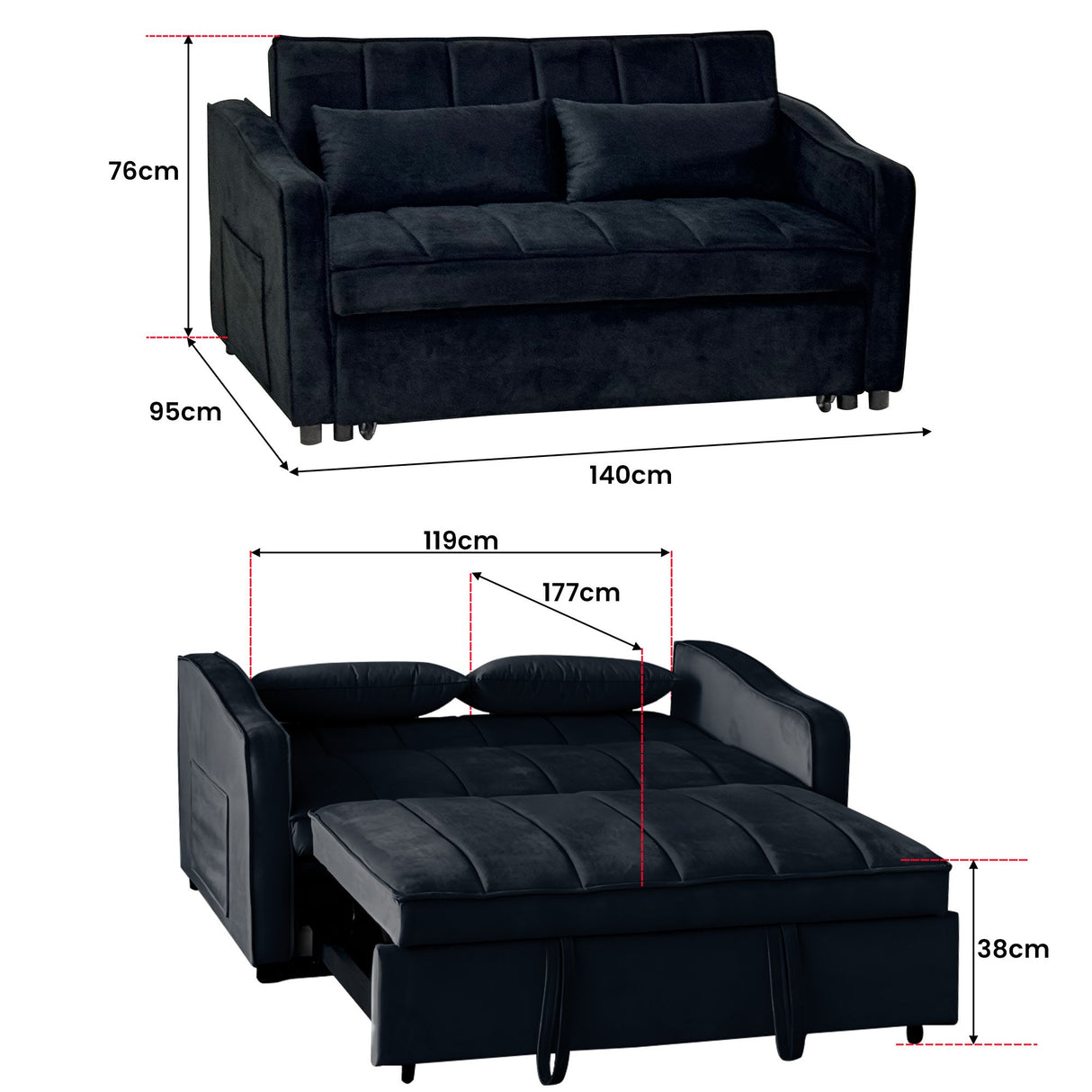 Sarantino Fenton Velvet 2-Seater Sofa Bed - Black