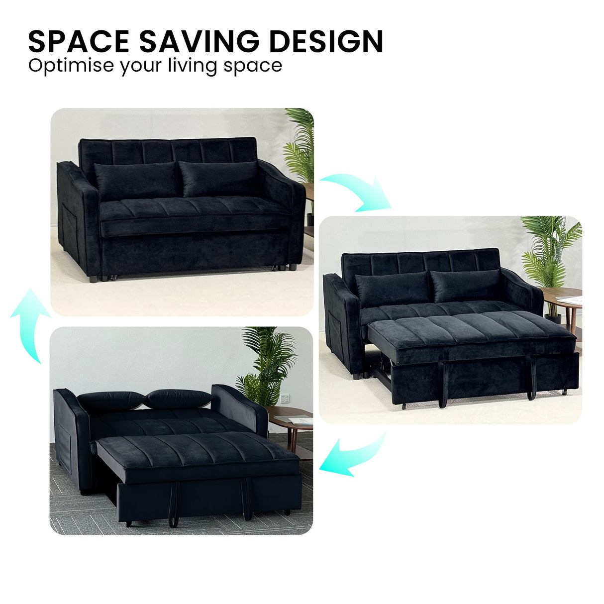 Sarantino Fenton Velvet 2-Seater Sofa Bed - Black