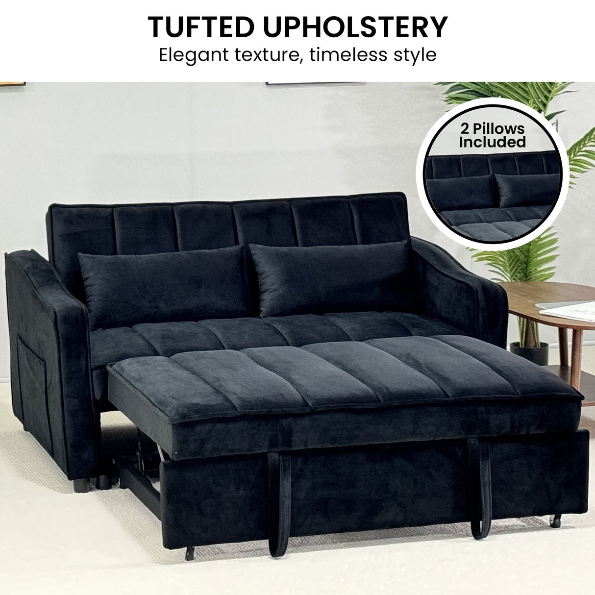Sarantino Fenton Velvet 2-Seater Sofa Bed - Black