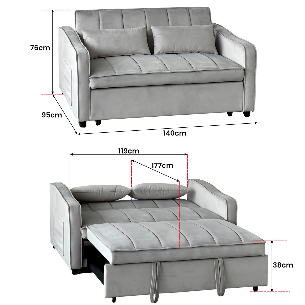 Sarantino Fenton Velvet 2-Seater Sofa Bed - Light Grey