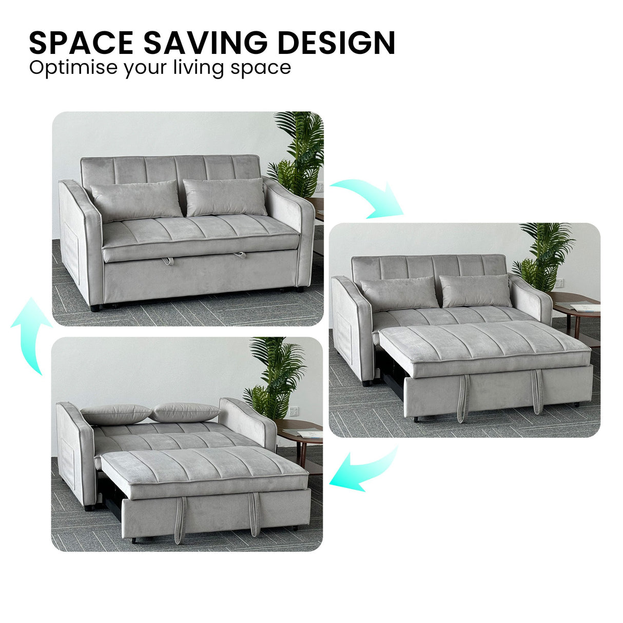 Sarantino Fenton Velvet 2-Seater Sofa Bed - Light Grey