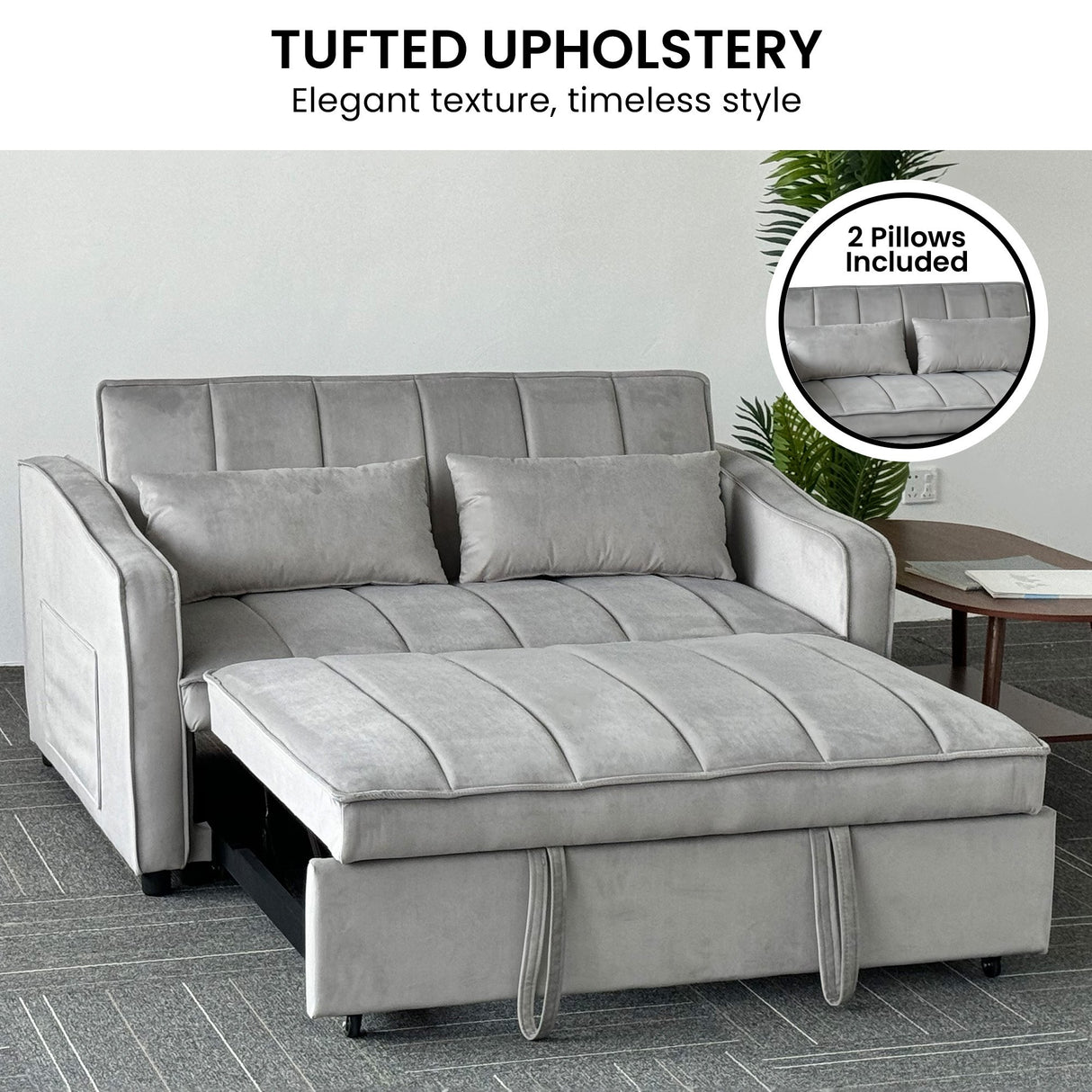 Sarantino Fenton Velvet 2-Seater Sofa Bed - Light Grey