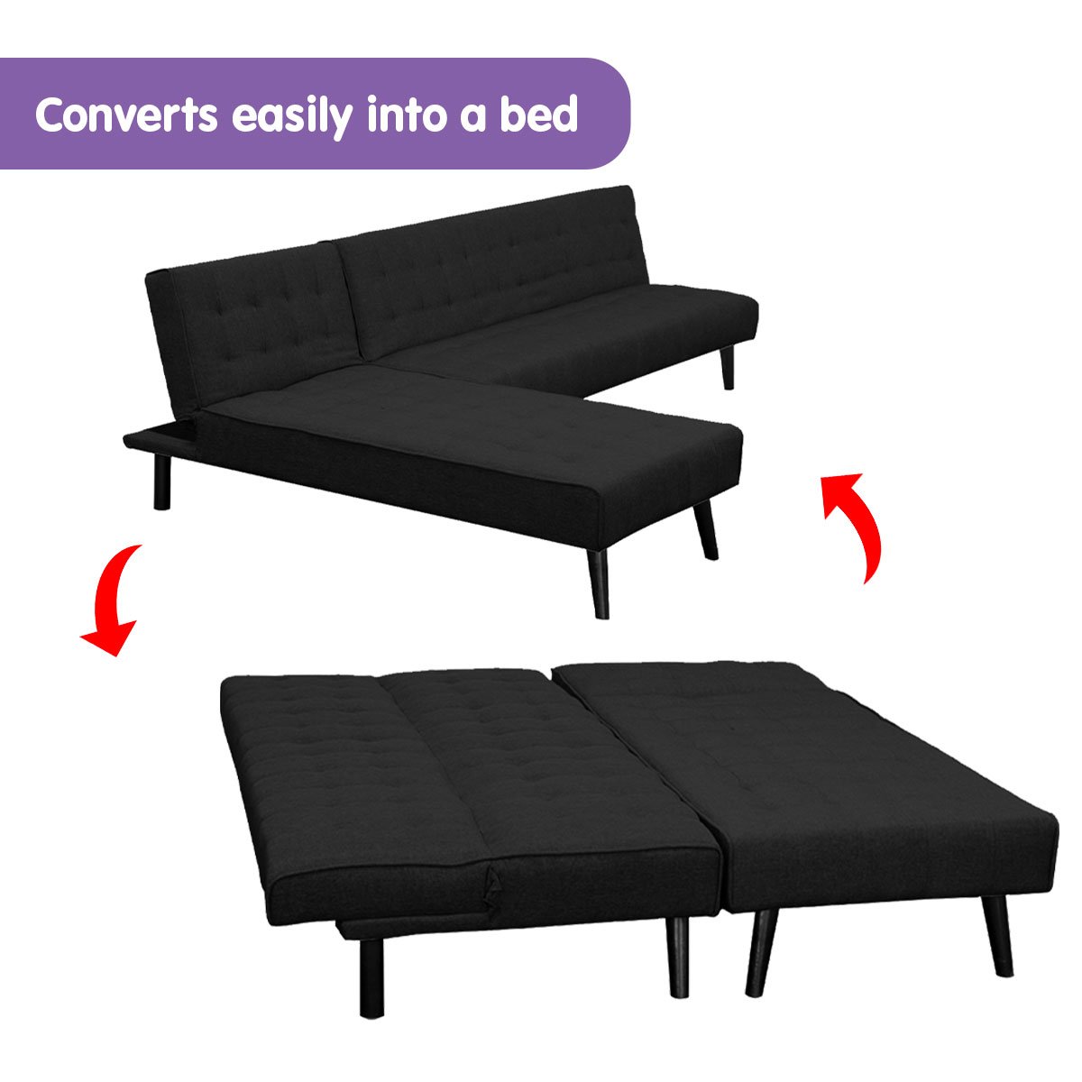 Sarantino 3-Seater Corner Sofa Bed Lounge Chaise Couch - Black