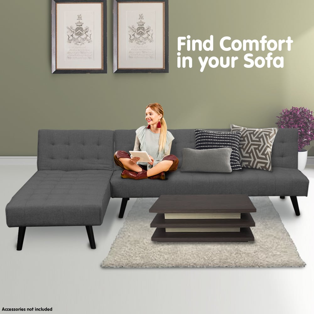 Sarantino 3-Seater Corner Wooden Sofa Bed Lounge Chaise Sofa Dark Grey