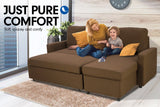 Sarantino 3-Seater Corner Sofa Bed Lounge Storage Chaise Couch Brown - Front View