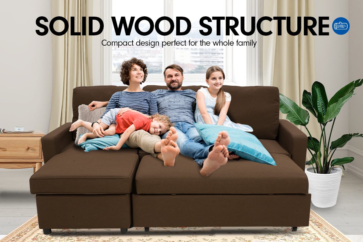 Sarantino 3-Seater Corner Sofa Bed Lounge Storage Chaise Couch Brown