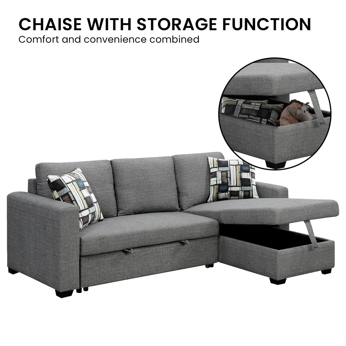 Fontana Pullout Sofa Bed with Storage Chaise Lounge  Sarantino - Grey