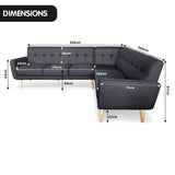 Faux Linen Corner Wooden Sofa Lounge L-shaped with Chaise Black - Rear View