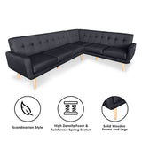 Faux Linen Corner Wooden Sofa Lounge L-shaped with Chaise Black - Front View