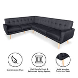 Faux Linen Corner Wooden Sofa Futon Lounge L-shaped with Chaise Black - Front View