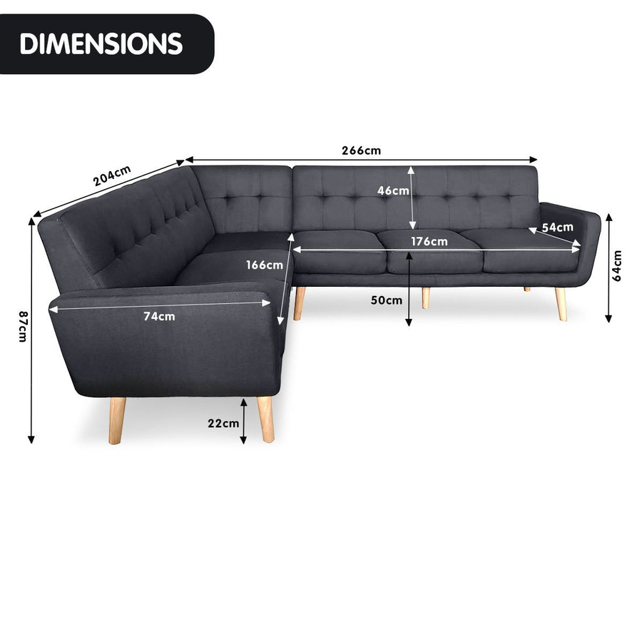 Faux Linen Corner Wooden Sofa Futon Lounge L-shaped with Chaise Black