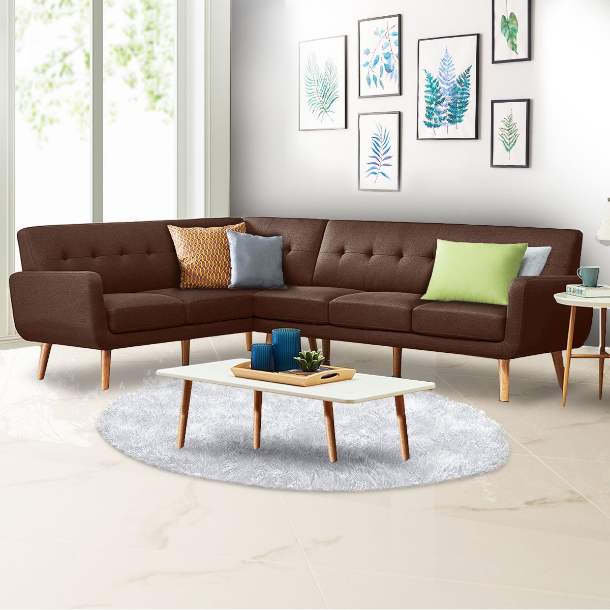 Faux Linen Corner Wooden Sofa Lounge L-shaped Futon with Chaise Brown
