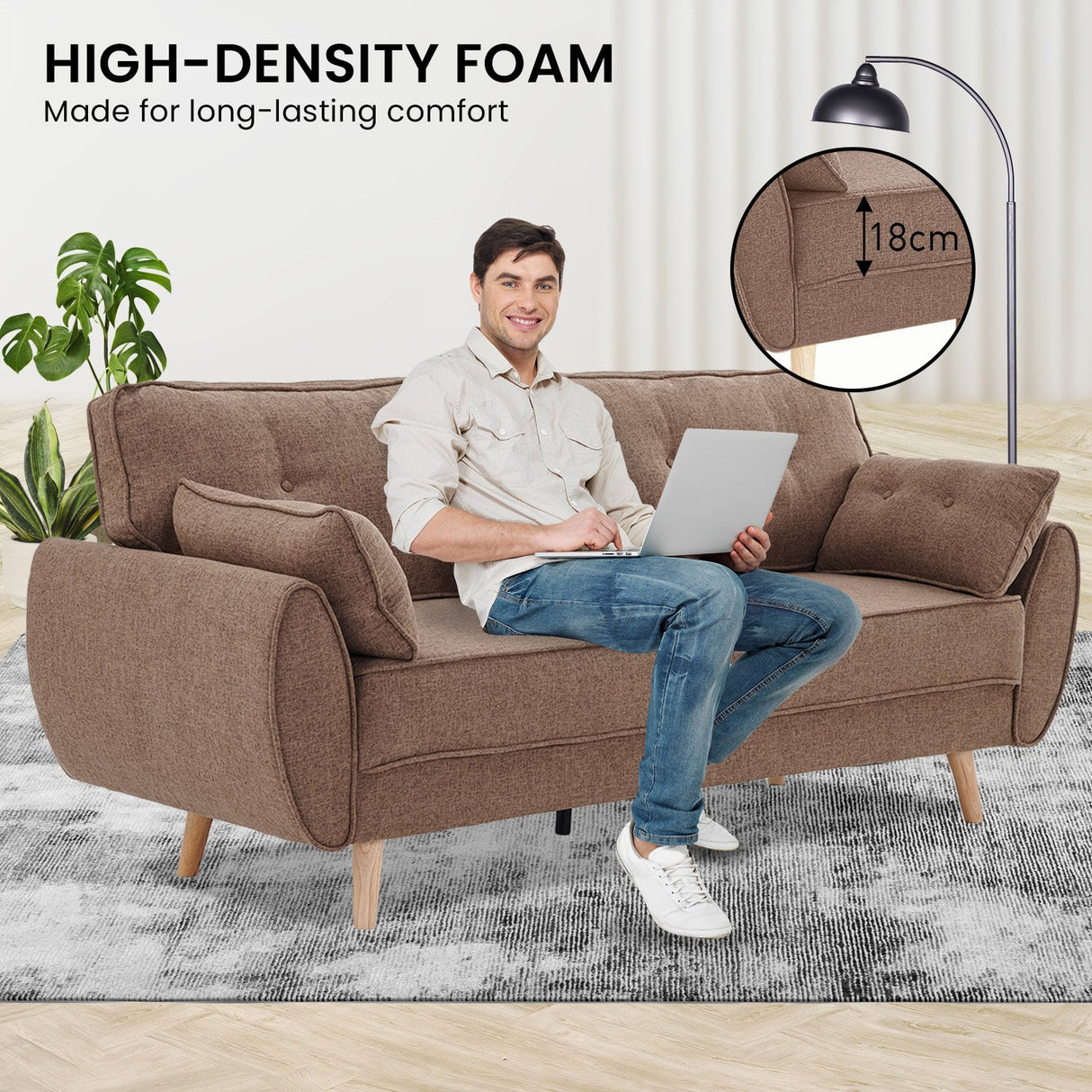 Sarantino 3 Seater Modular Linen Fabric Sofa Bed Couch Futon - Brown