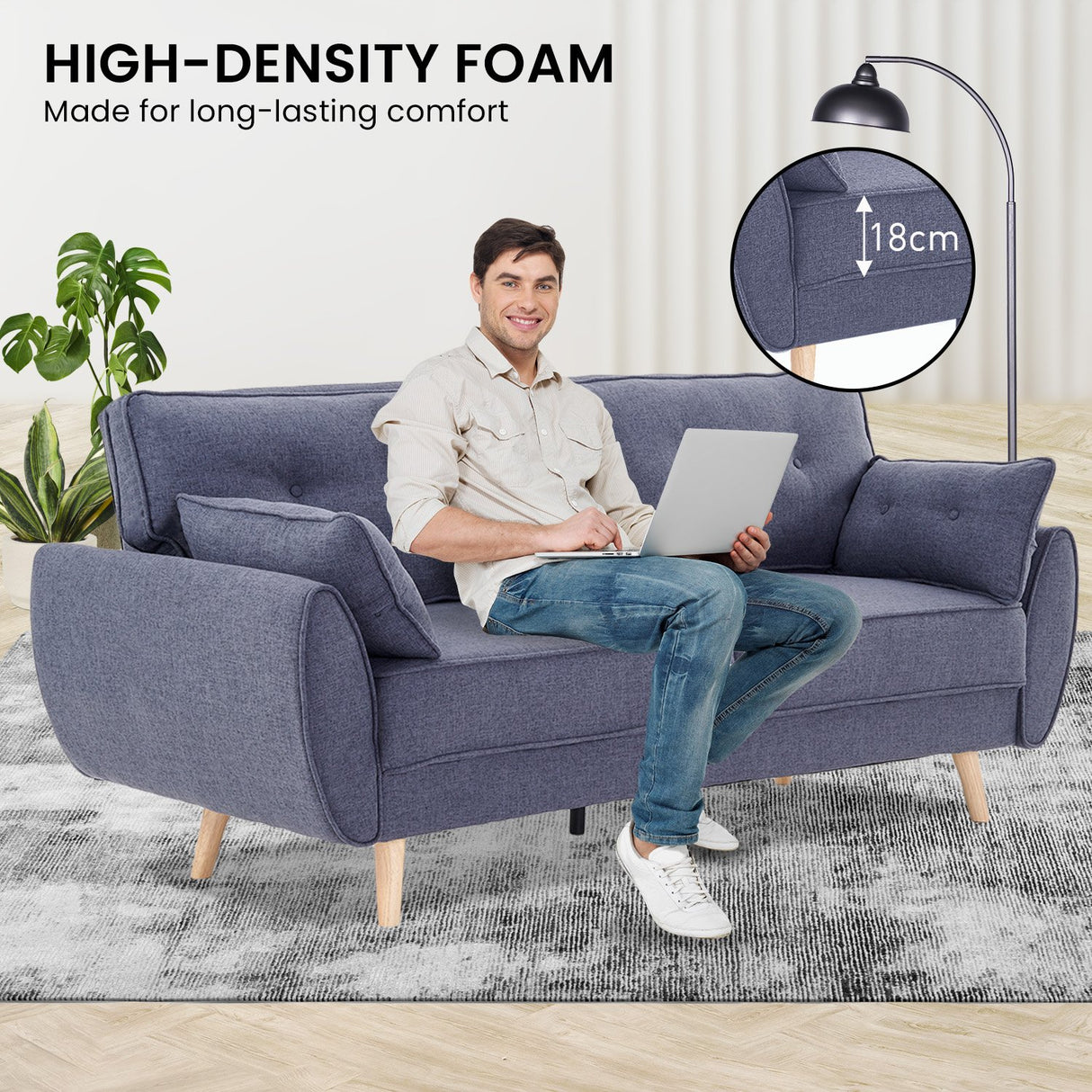 Sarantino 3 Seater Modular Linen Fabric Wood Sofa Bed Couch- Dark Grey