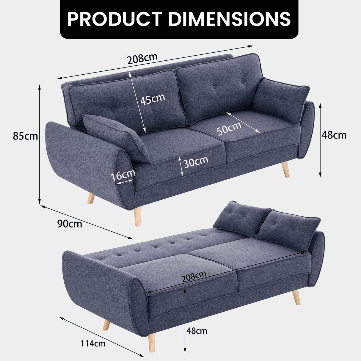 Sarantino 3 Seater Modular Linen Fabric Wood Sofa Bed Couch- Dark Grey