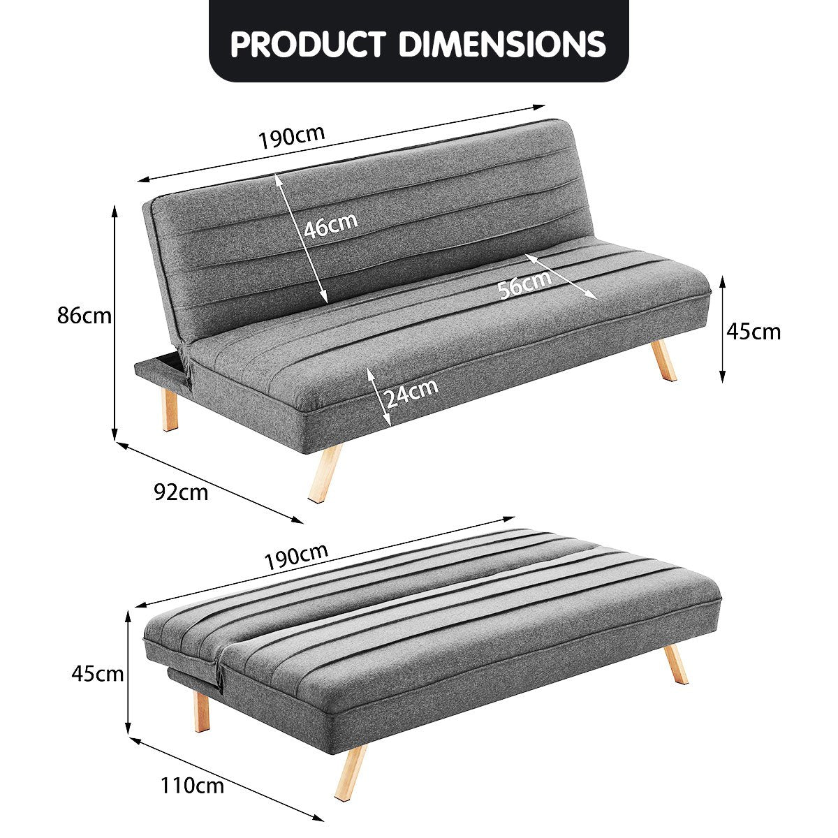 Sarantino 3 Seater Modular Linen Fabric Sofa Bed Couch - Dark Grey