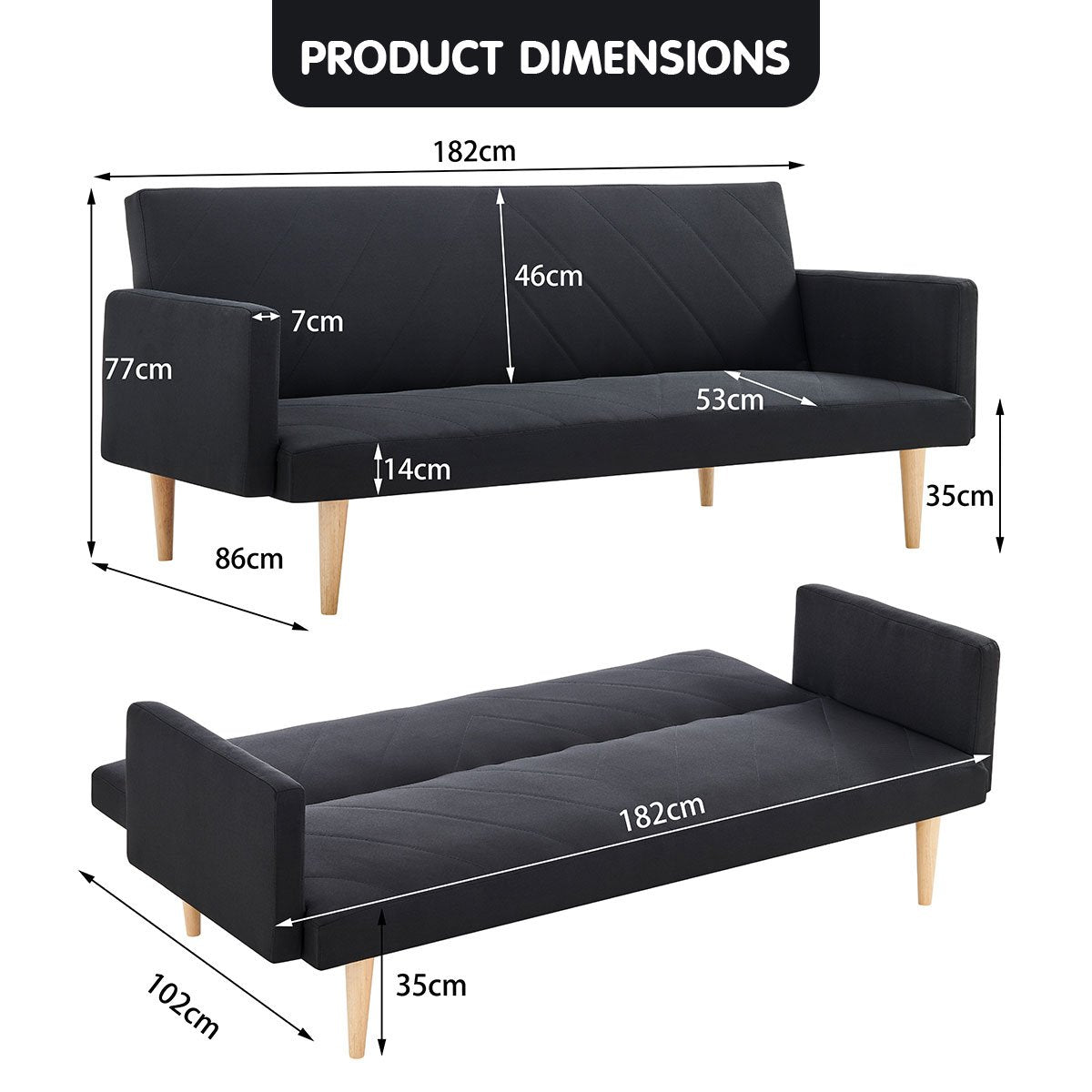 Sarantino 3-Seater Faux Linen Sofa Bed Couch - Black